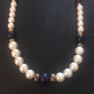 Blue & White Pearl necklace w gold accents